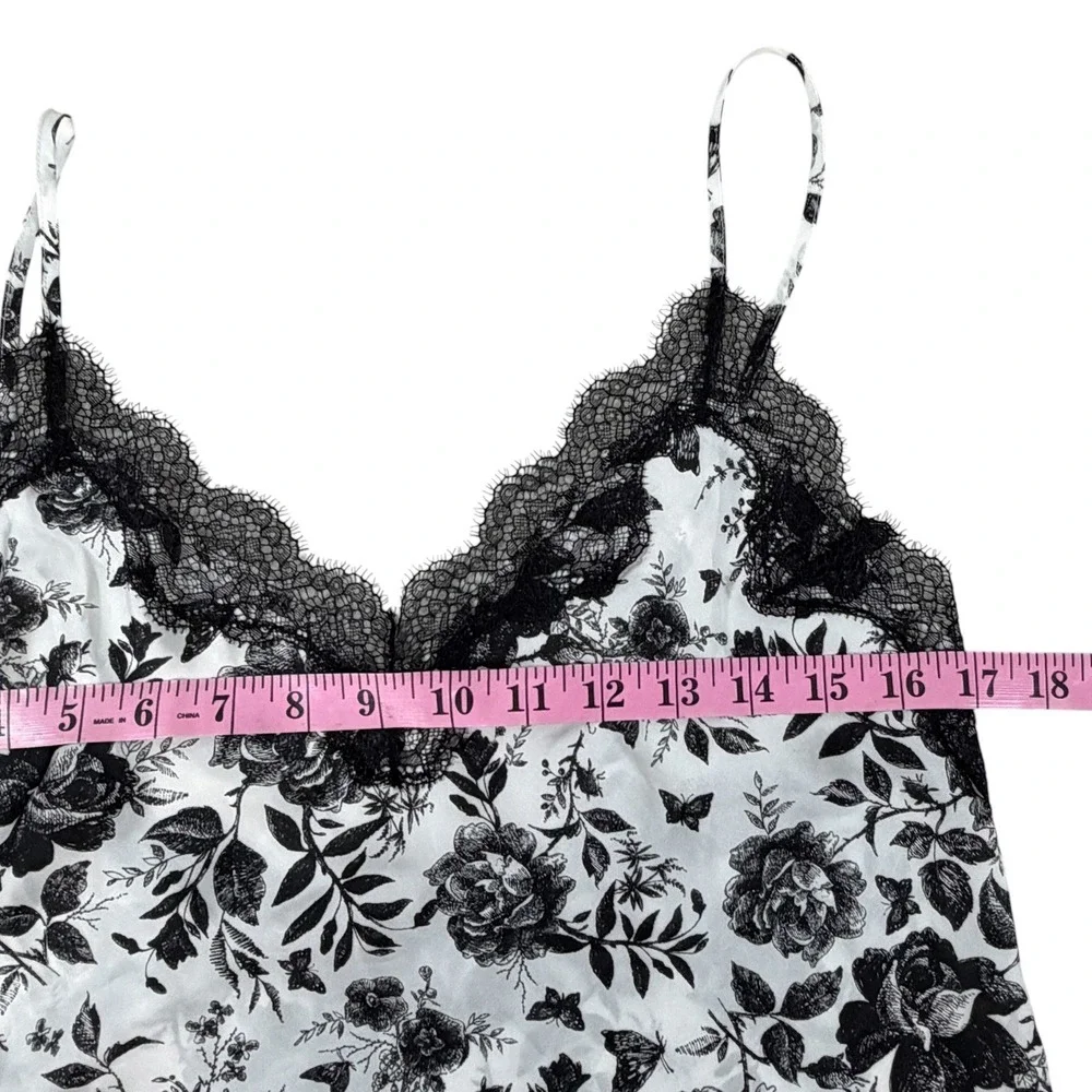Victorias Secret Black White Floral Lace Trim Satin Slip Dress Nightgown Medium